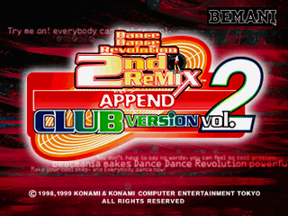 Dance Dance Revolution 2nd Remix Append Club Vol. 1 title screen for Playstation